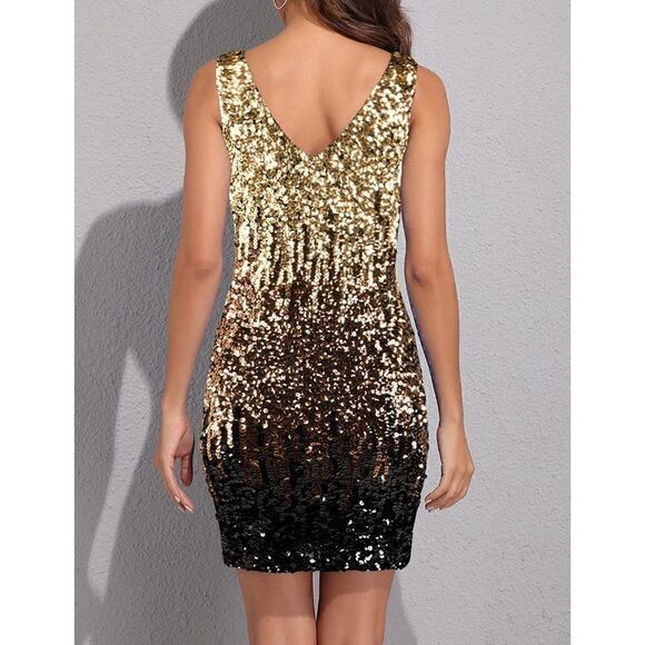 Women's Sexy Deep V Neck Sequin Glitter Bodycon Stretchy Mini Party Wedding - Picture 2 of 7
